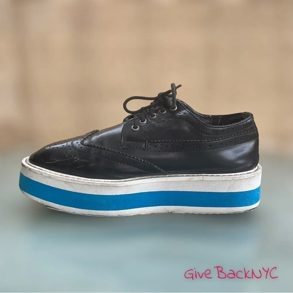 Wingtip Platform Brogues Black White Blue Stripes Size 8